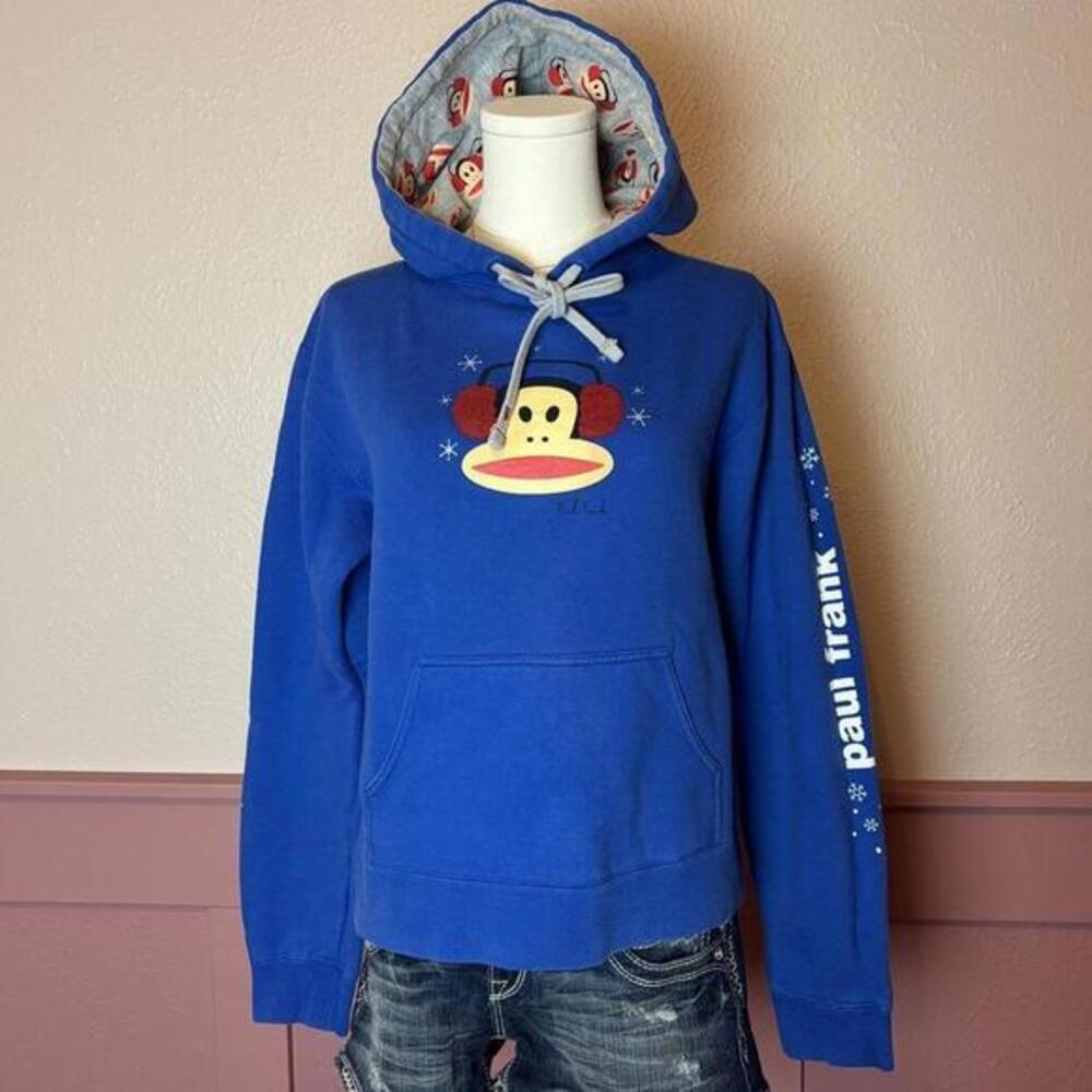 Paul Frank Y2K Julius Monkey Hoodie Snowflake Earmuff Graphic Blue Kidcore Rare